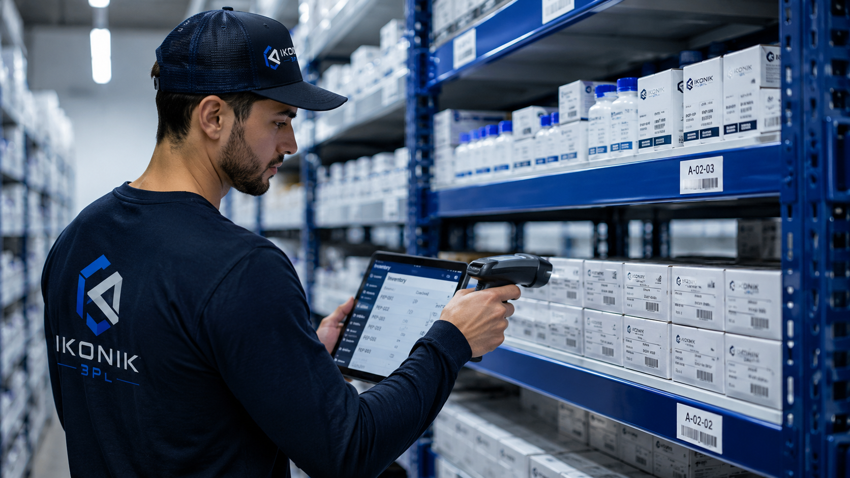Team member scanning inventory with a barcode scanner while reviewing a tablet dashboard