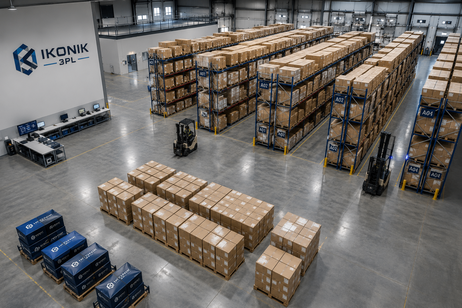 Organized warehouse aisle with clearly labeled SKU shelving in a peptide fulfillment facility