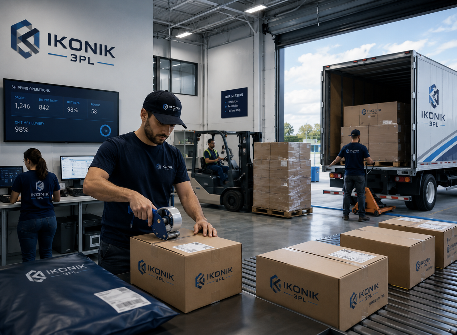 Outbound shipping staging area with labeled boxes and a delivery truck at the dock