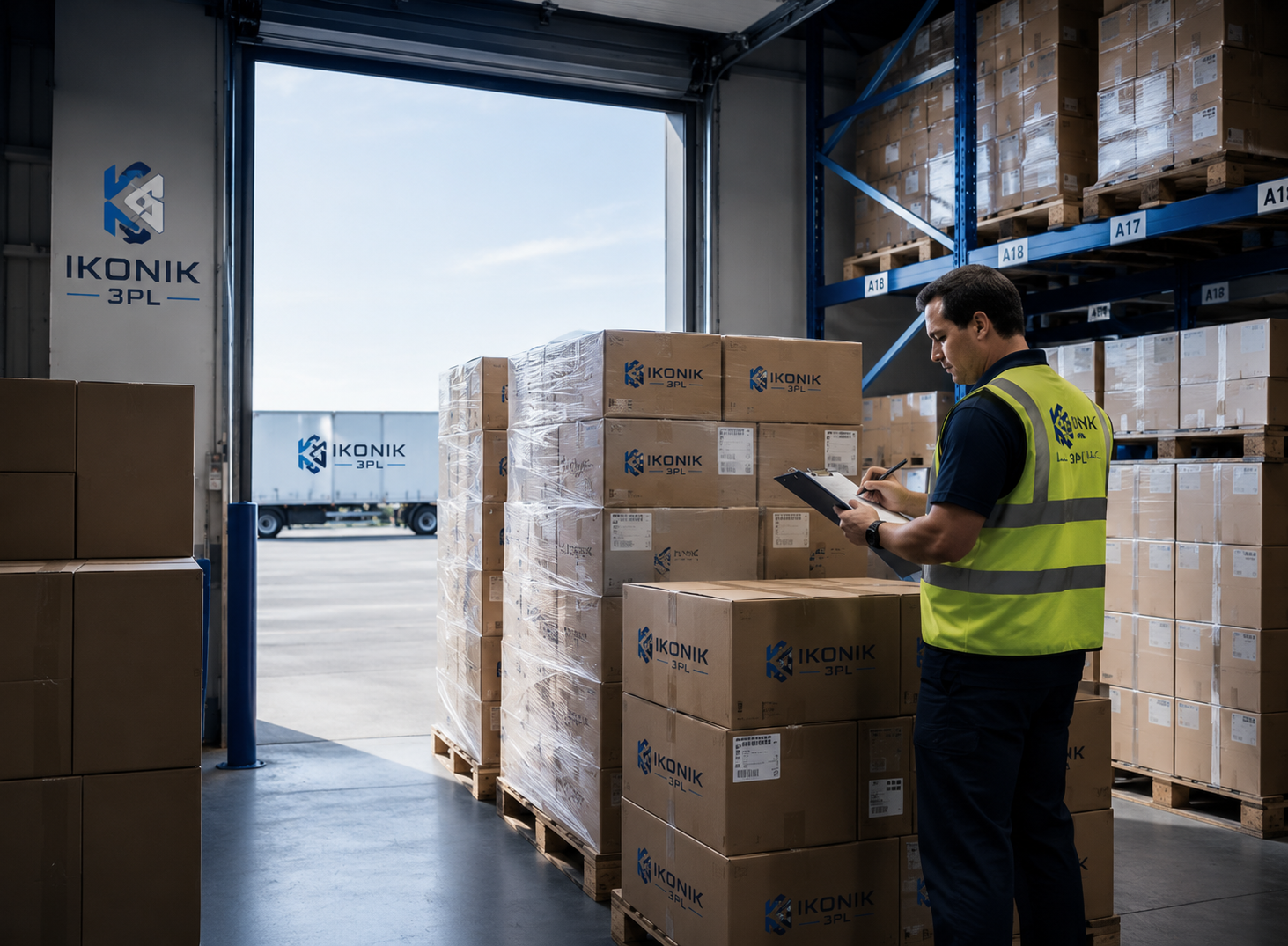 Receiving dock with palletized inventory being checked against a clipboard before intake