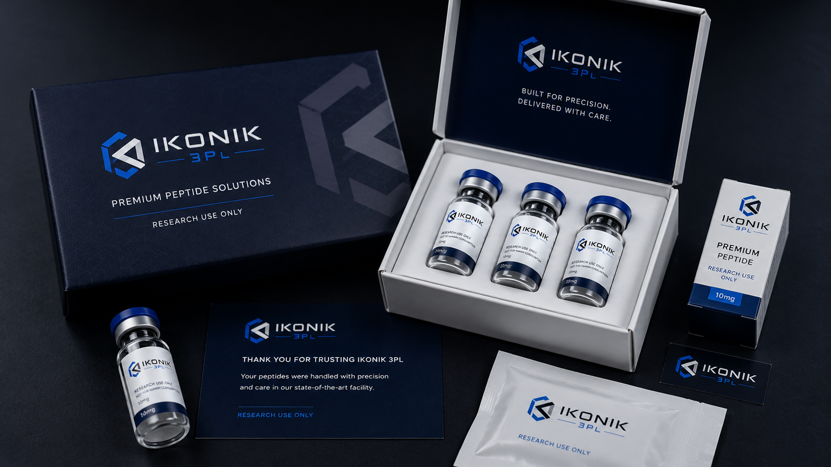 Premium peptide packaging presentation with branded box, inserts, vial carton, and finished kit components