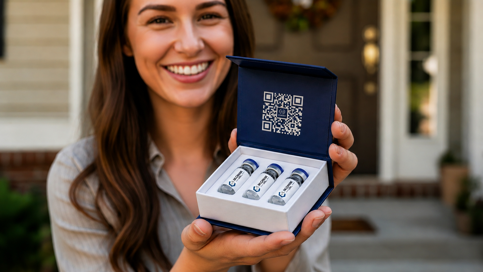 Woman holding an open premium navy IKONIK presentation box with branded glass vials and a QR code inside