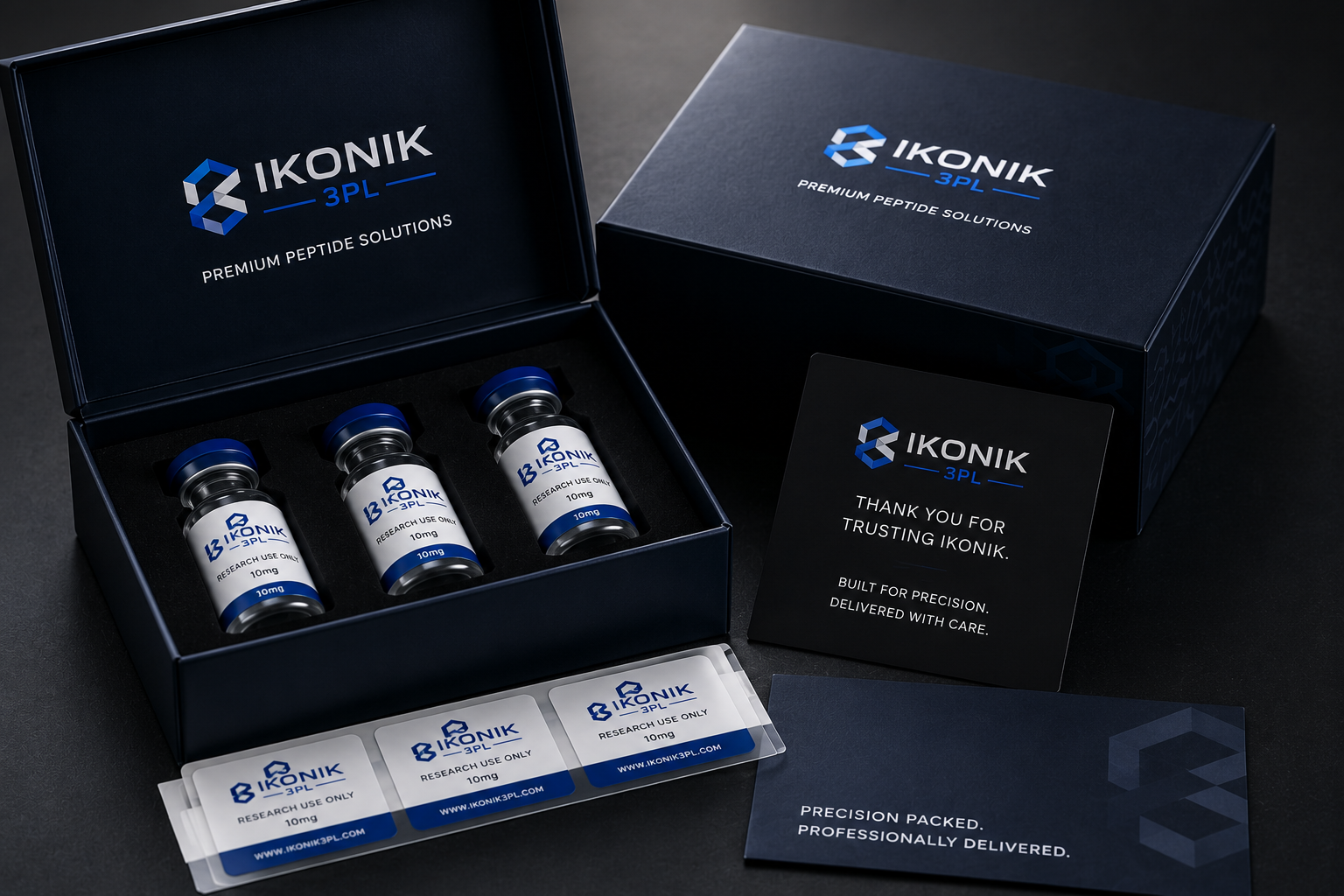Premium navy IKONIK branded presentation box with glass vials, branded inserts, and thank you cards