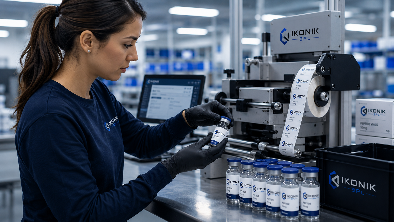 BOPP label printer applying labels to pharmaceutical vials at a clean labeling station